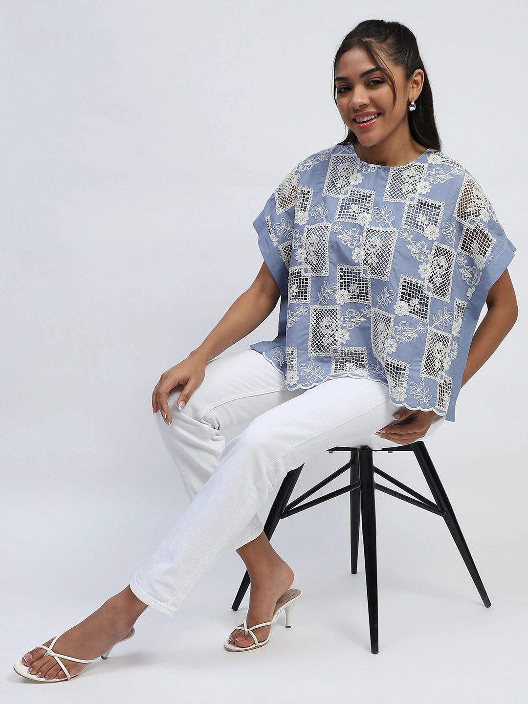 Blue Embroidered Cotton Boxy Blouse - Global Republic