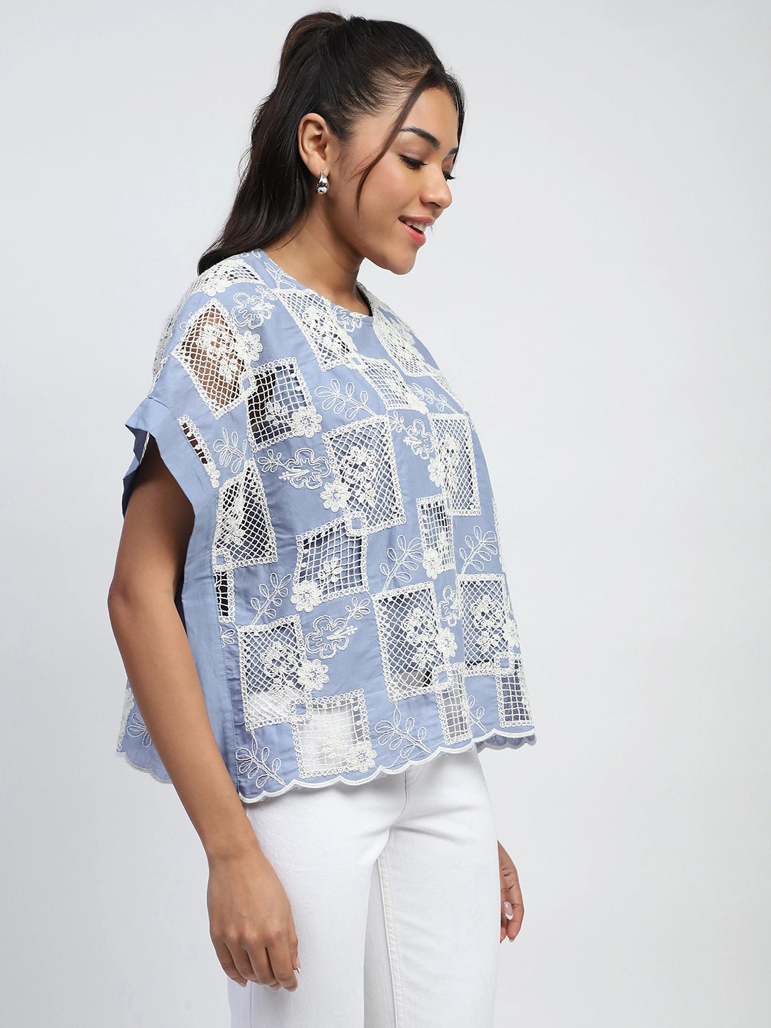 Blue Embroidered Cotton Boxy Blouse - Global Republic