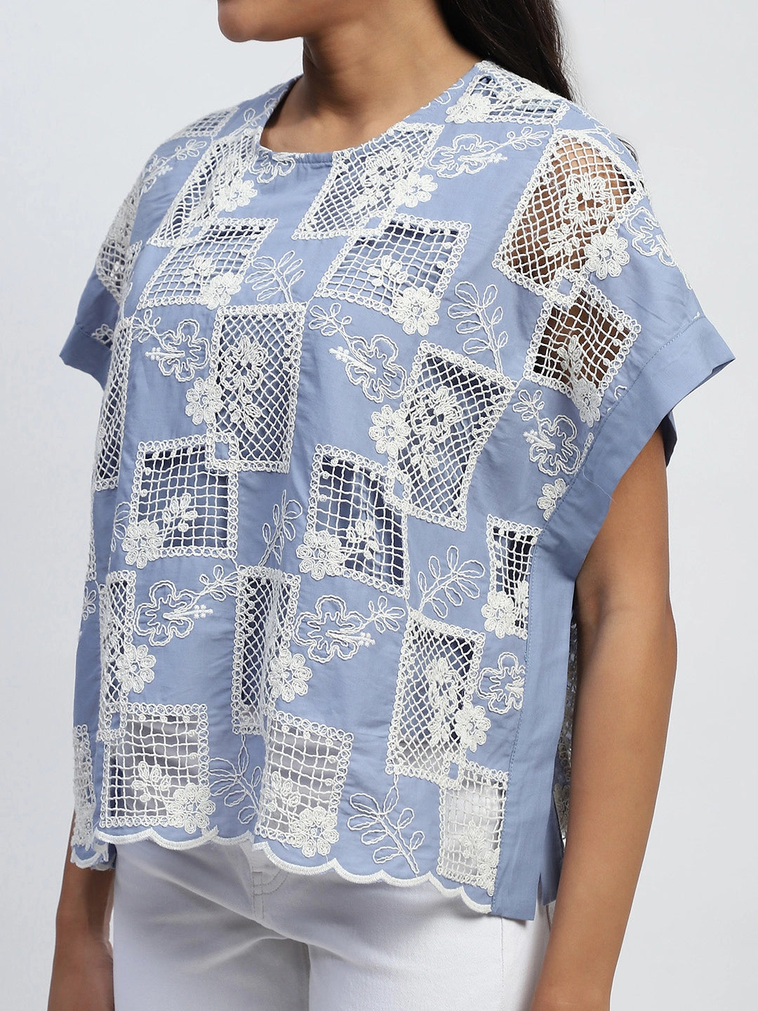Blue Embroidered Cotton Boxy Blouse - Global Republic