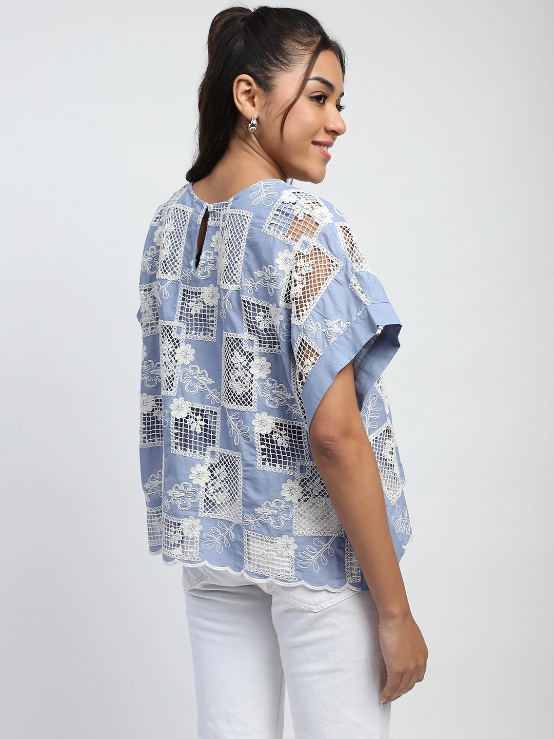 Blue Embroidered Cotton Boxy Blouse - Global Republic