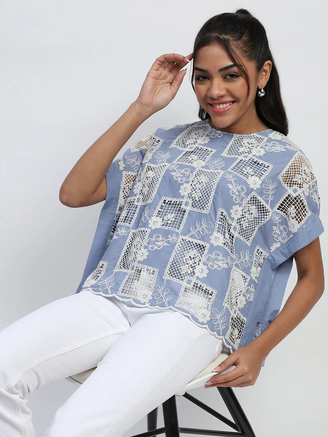 Blue Embroidered Cotton Boxy Blouse - Global Republic