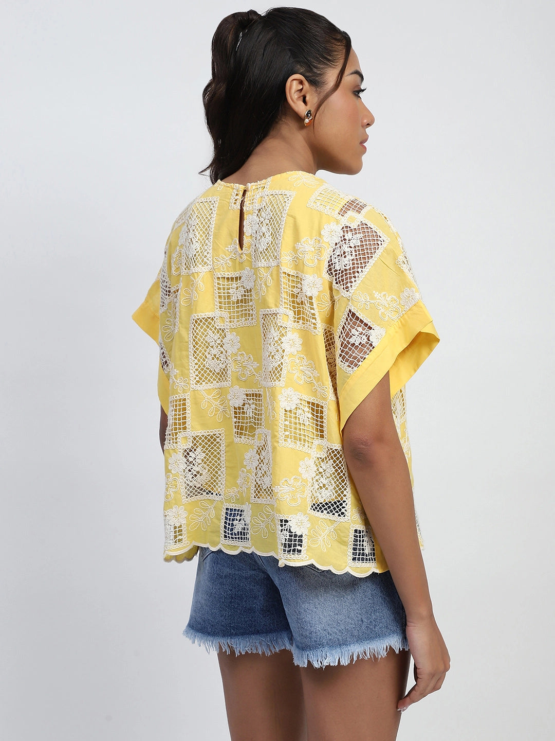 Yellow Embroidered Cotton Boxy Blouse - Global Republic