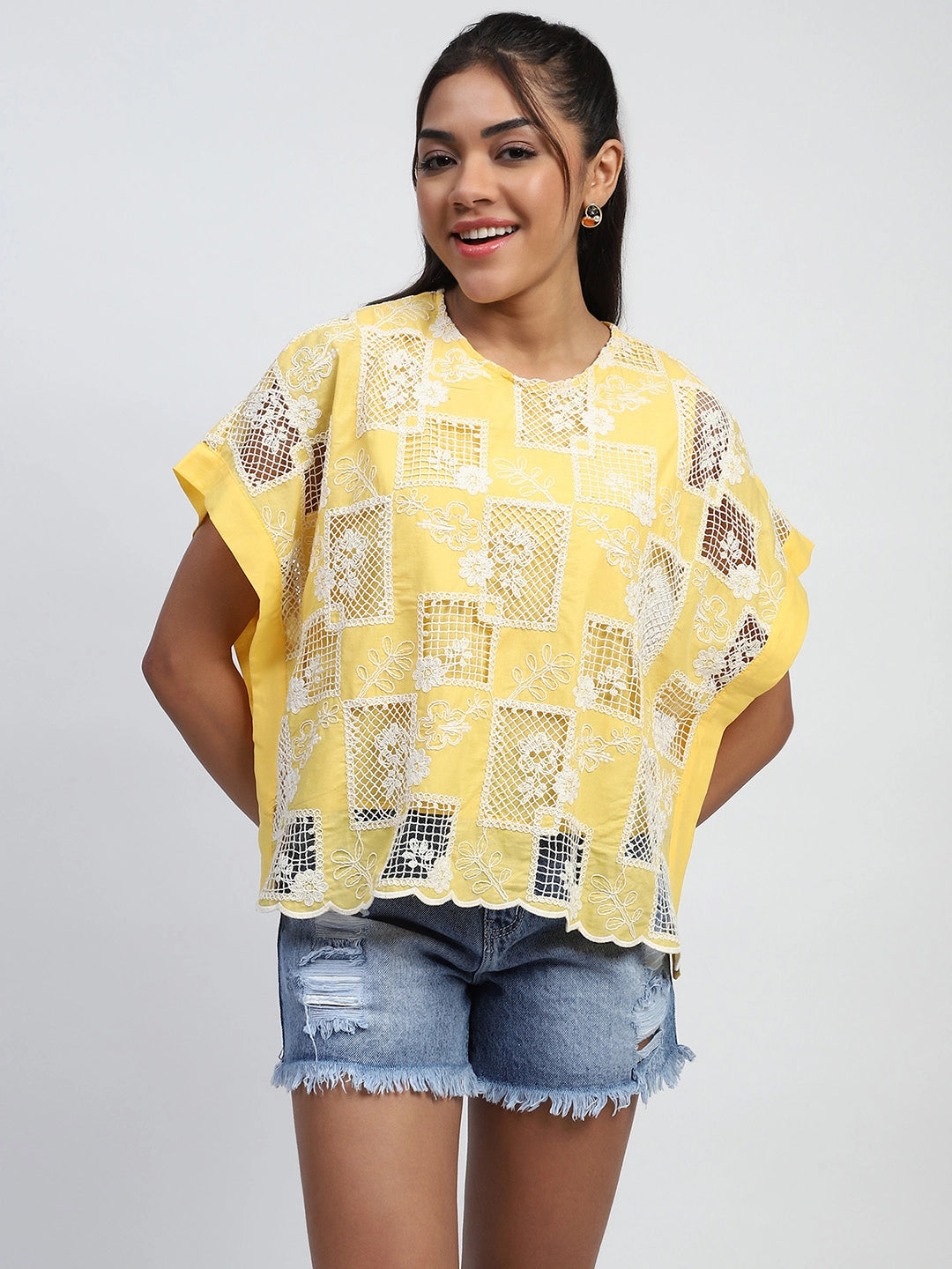Yellow Embroidered Cotton Boxy Blouse - Global Republic