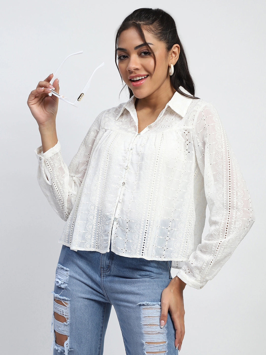 Cream Schiffli Embroidered Chiffon Top - Global Republic