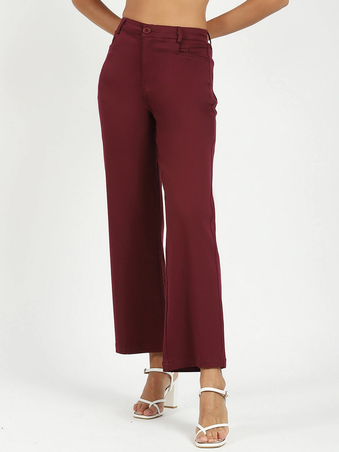 Wine Stretchable Loose Fit Trousers - Global Republic