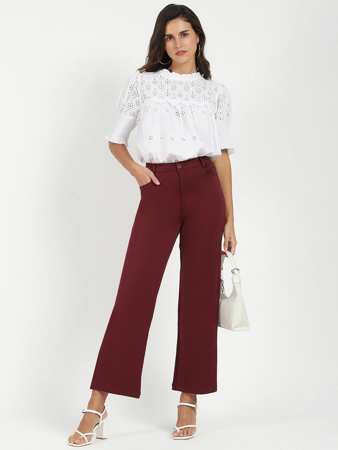 Wine Stretchable Loose Fit Trousers - Global Republic
