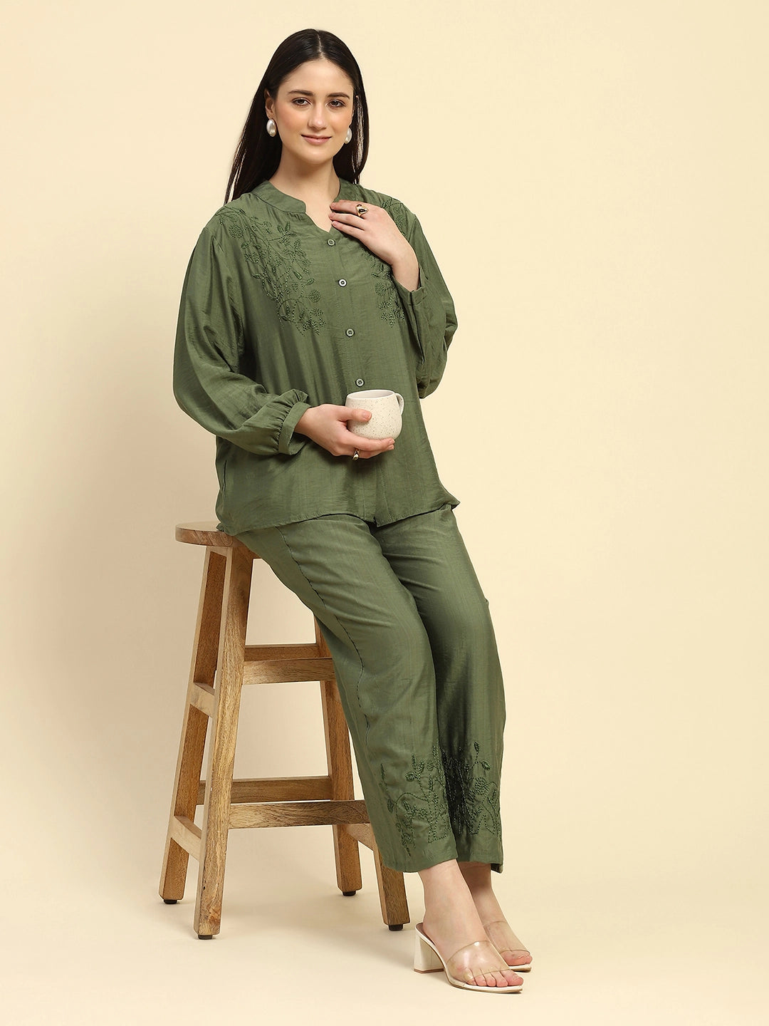 Green Embroidered Rayon Nightsuit - Global Republic