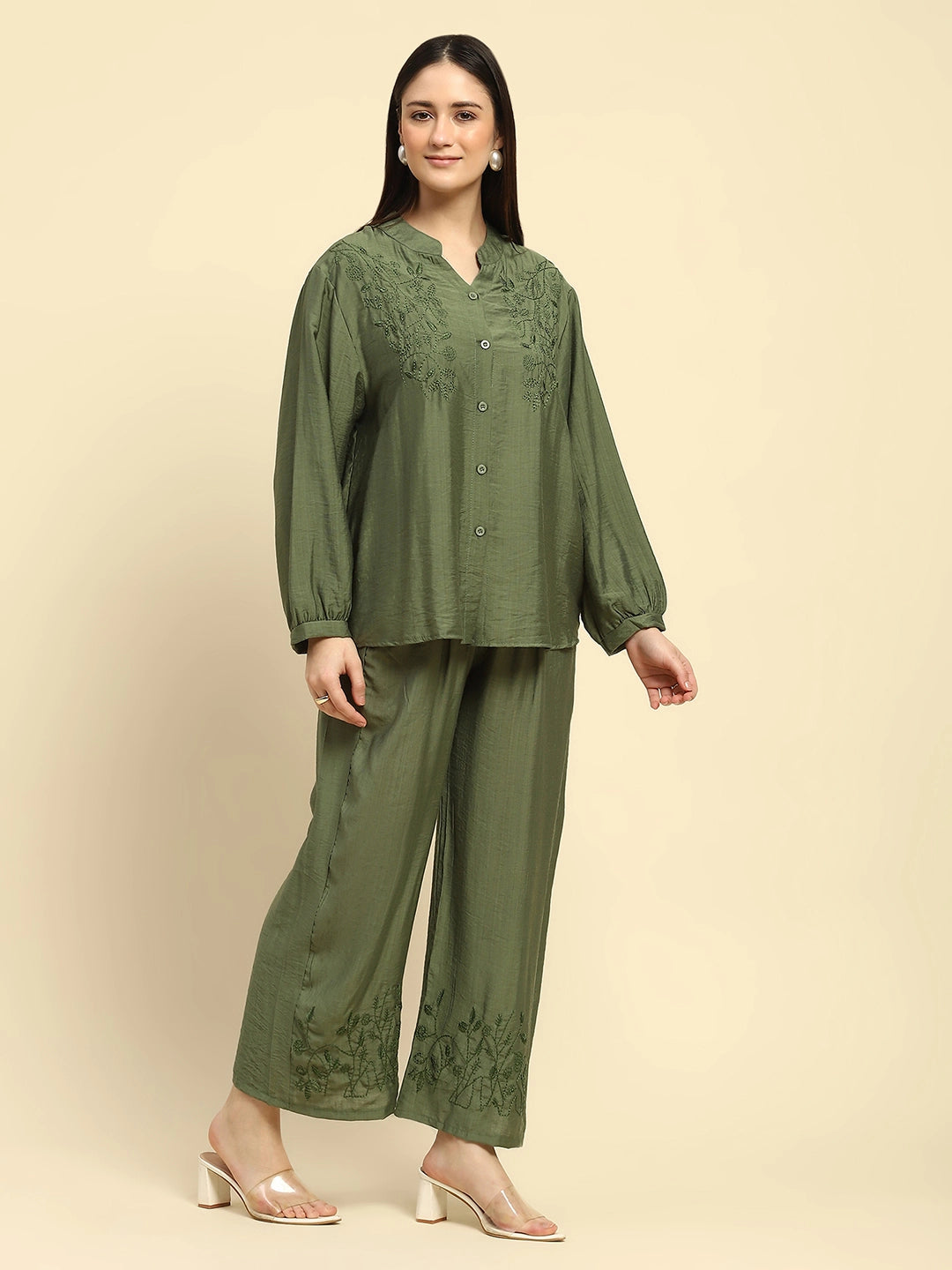 Green Embroidered Rayon Nightsuit - Global Republic