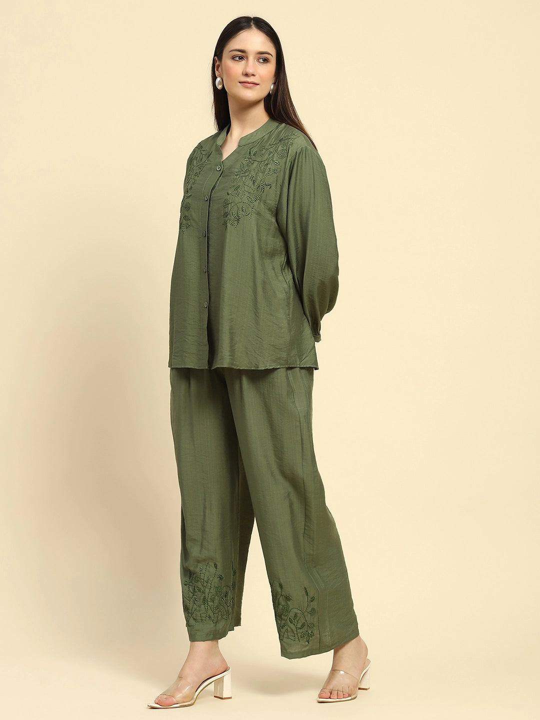 Green Embroidered Rayon Nightsuit - Global Republic