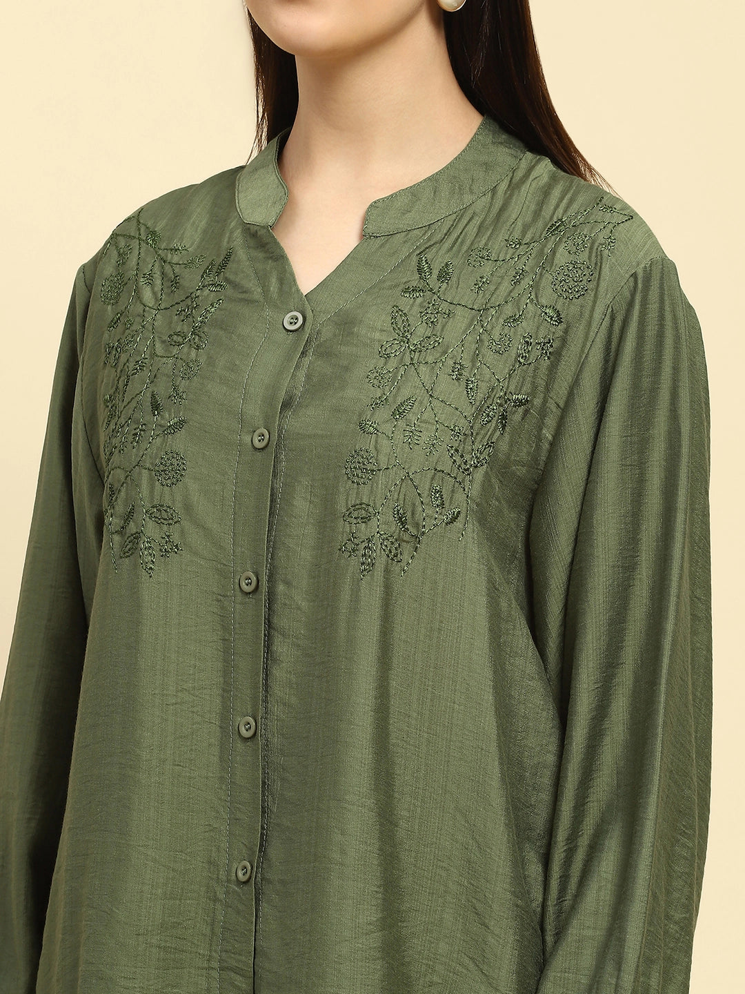 Green Embroidered Rayon Nightsuit - Global Republic