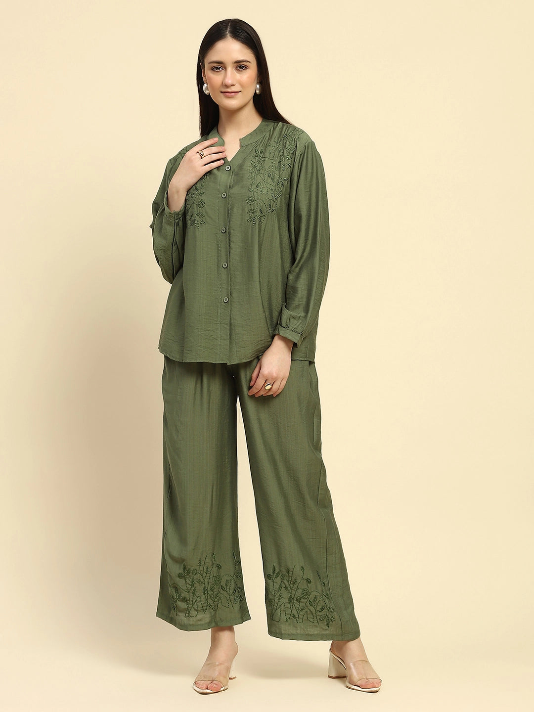 Green Embroidered Rayon Nightsuit - Global Republic
