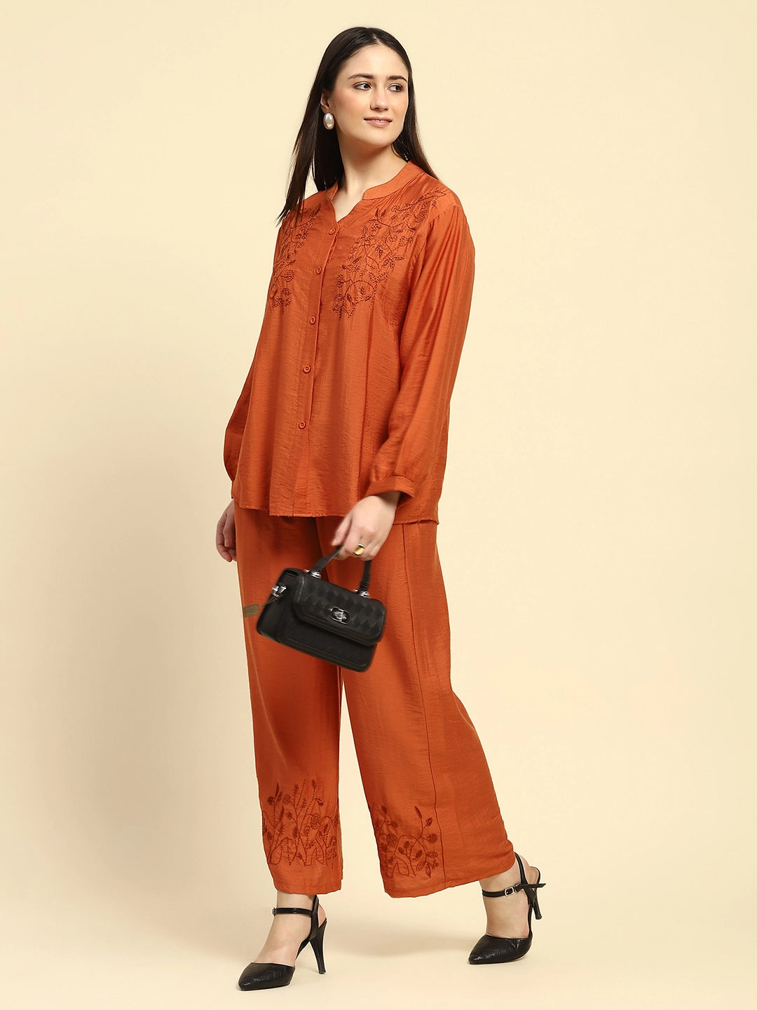Rust Embroidered Rayon Nightsuit - Global Republic