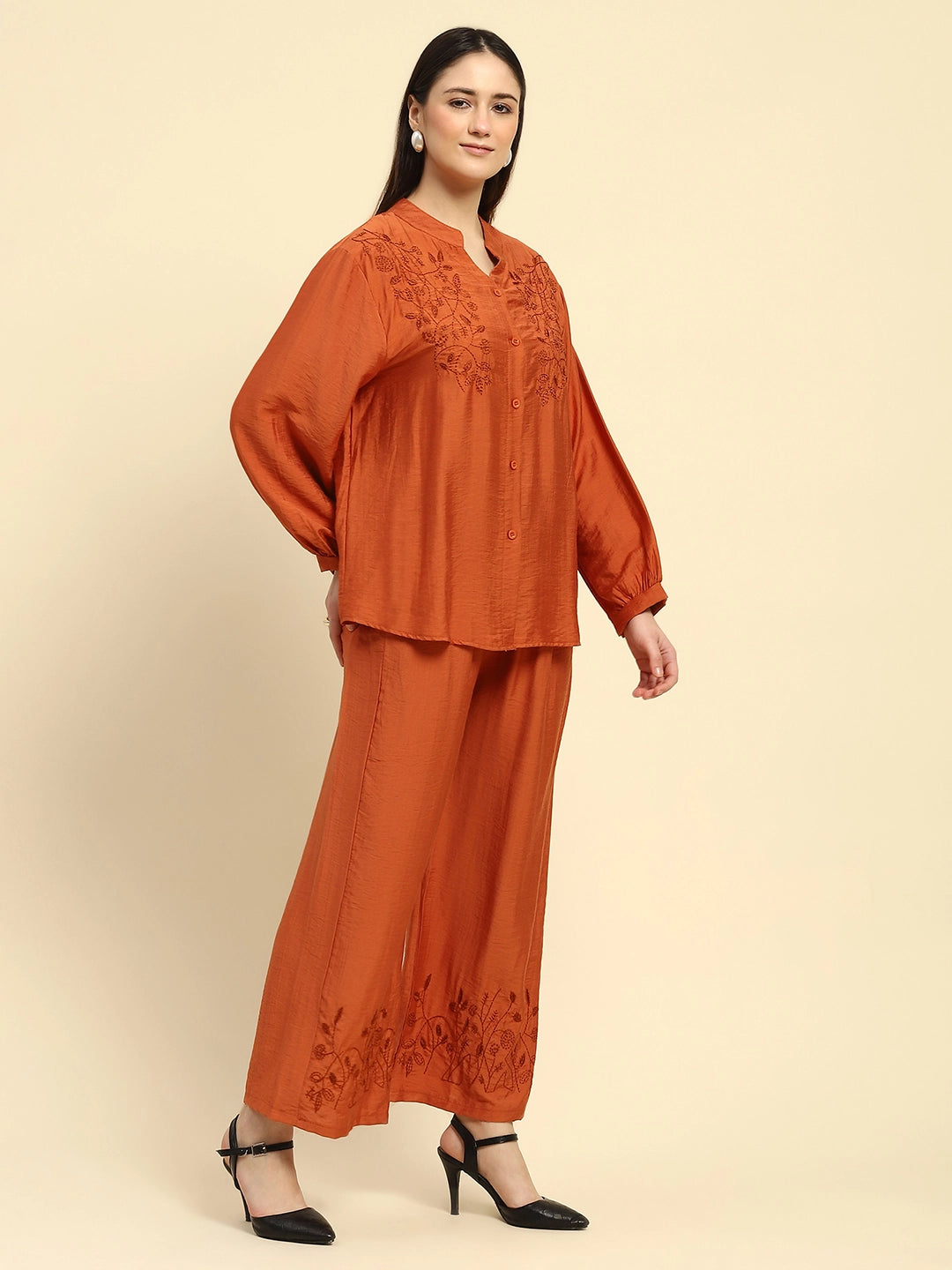 Rust Embroidered Rayon Nightsuit - Global Republic