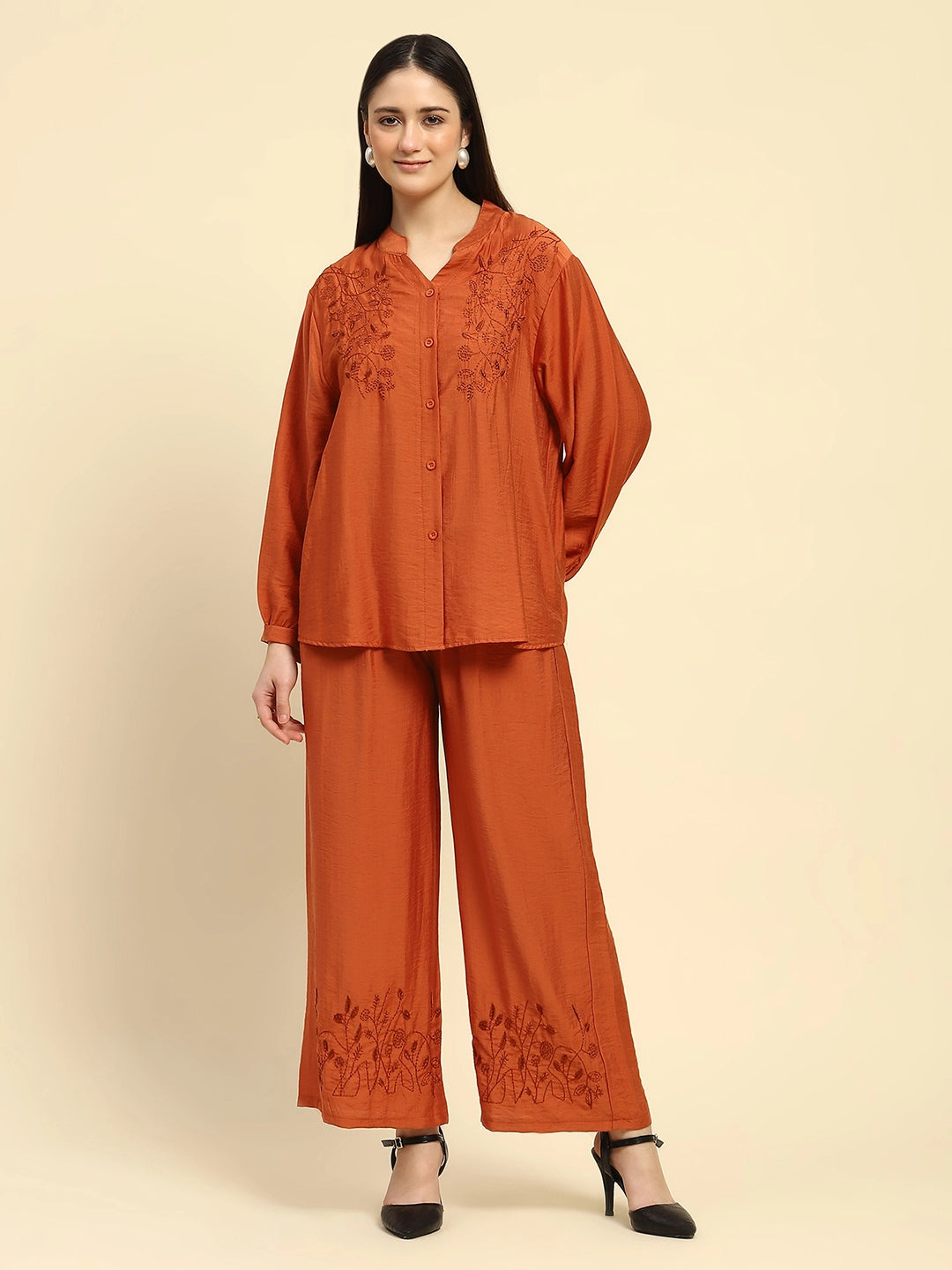 Rust Embroidered Rayon Nightsuit - Global Republic