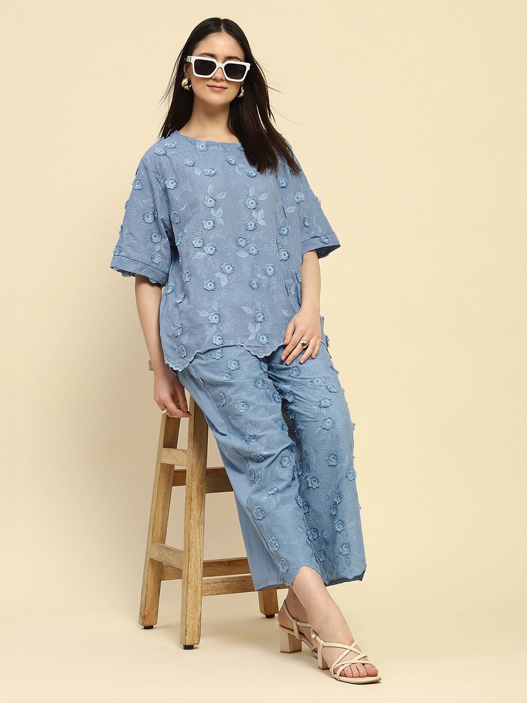 Blue Embroidered Cotton Nightsuit - Global Republic
