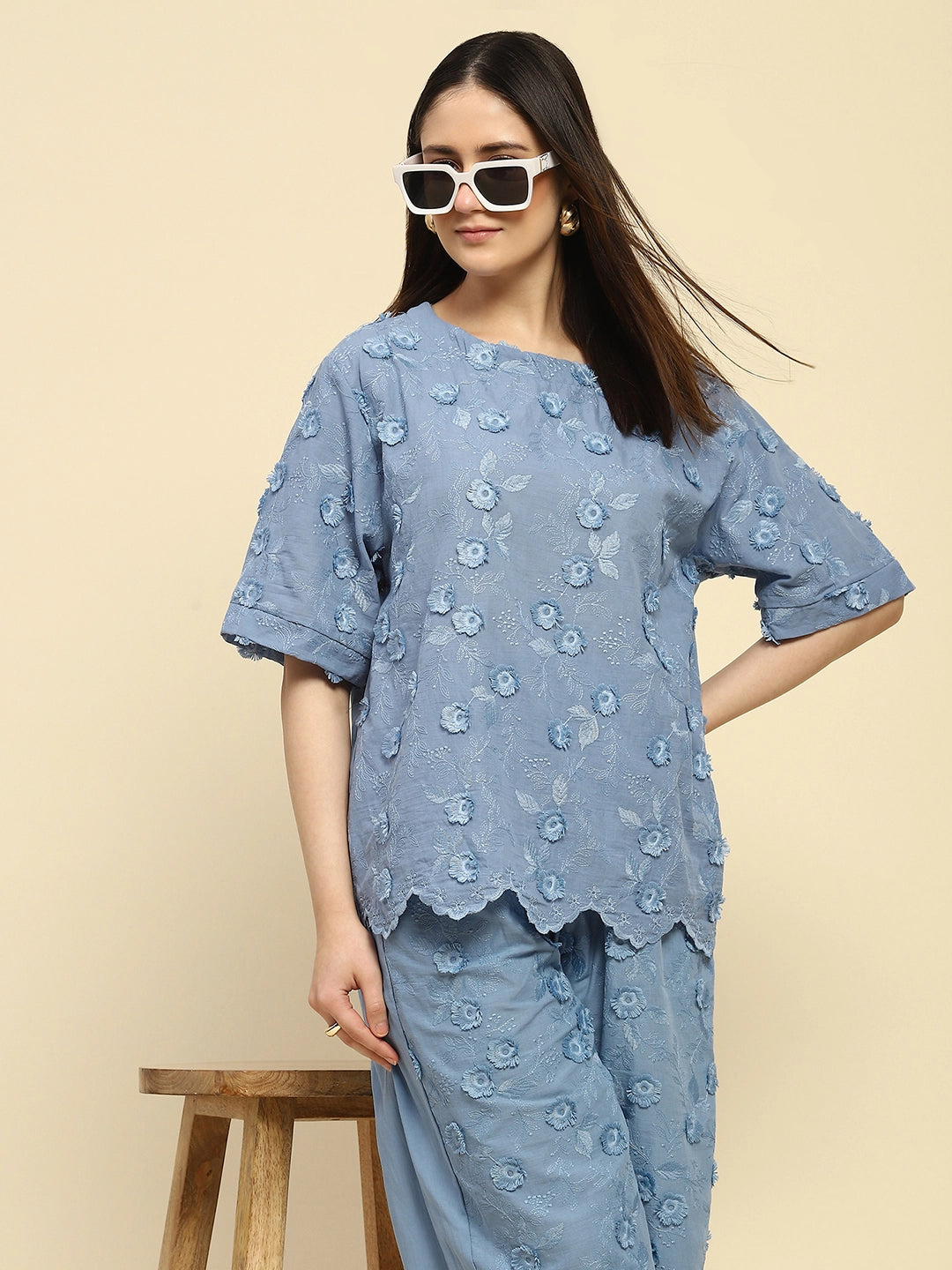 Blue Embroidered Cotton Nightsuit - Global Republic