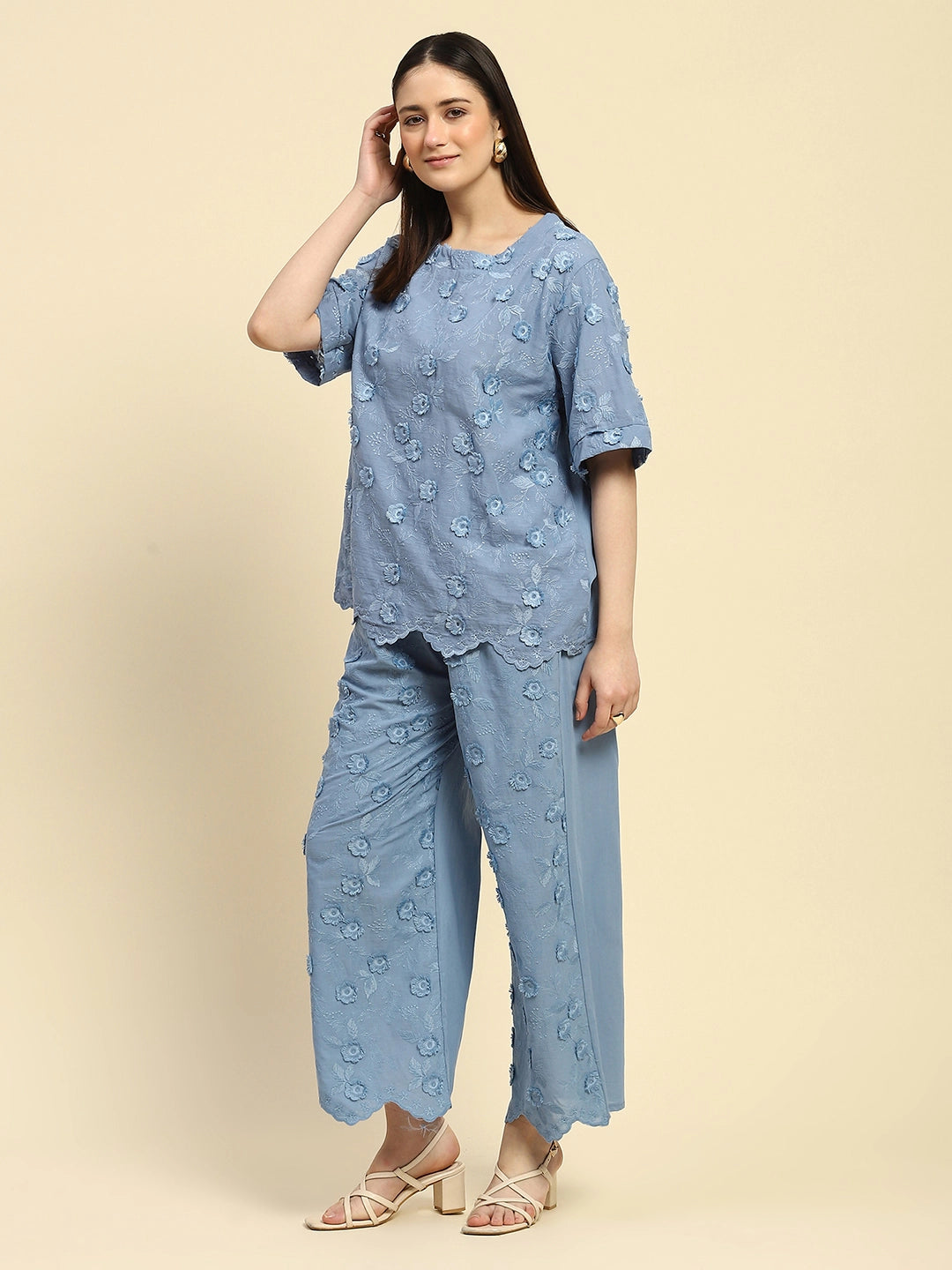 Blue Embroidered Cotton Nightsuit - Global Republic