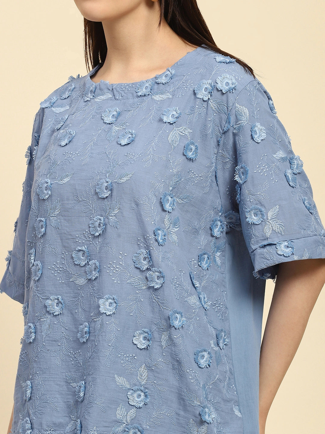 Blue Embroidered Cotton Nightsuit - Global Republic