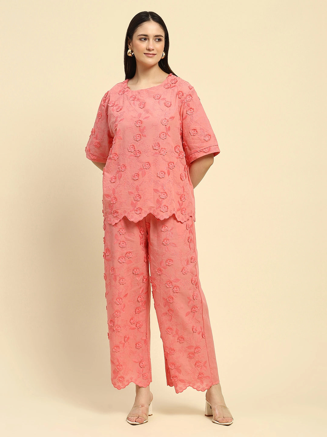 Pink Embroidered Cotton Nightsuit - Global Republic