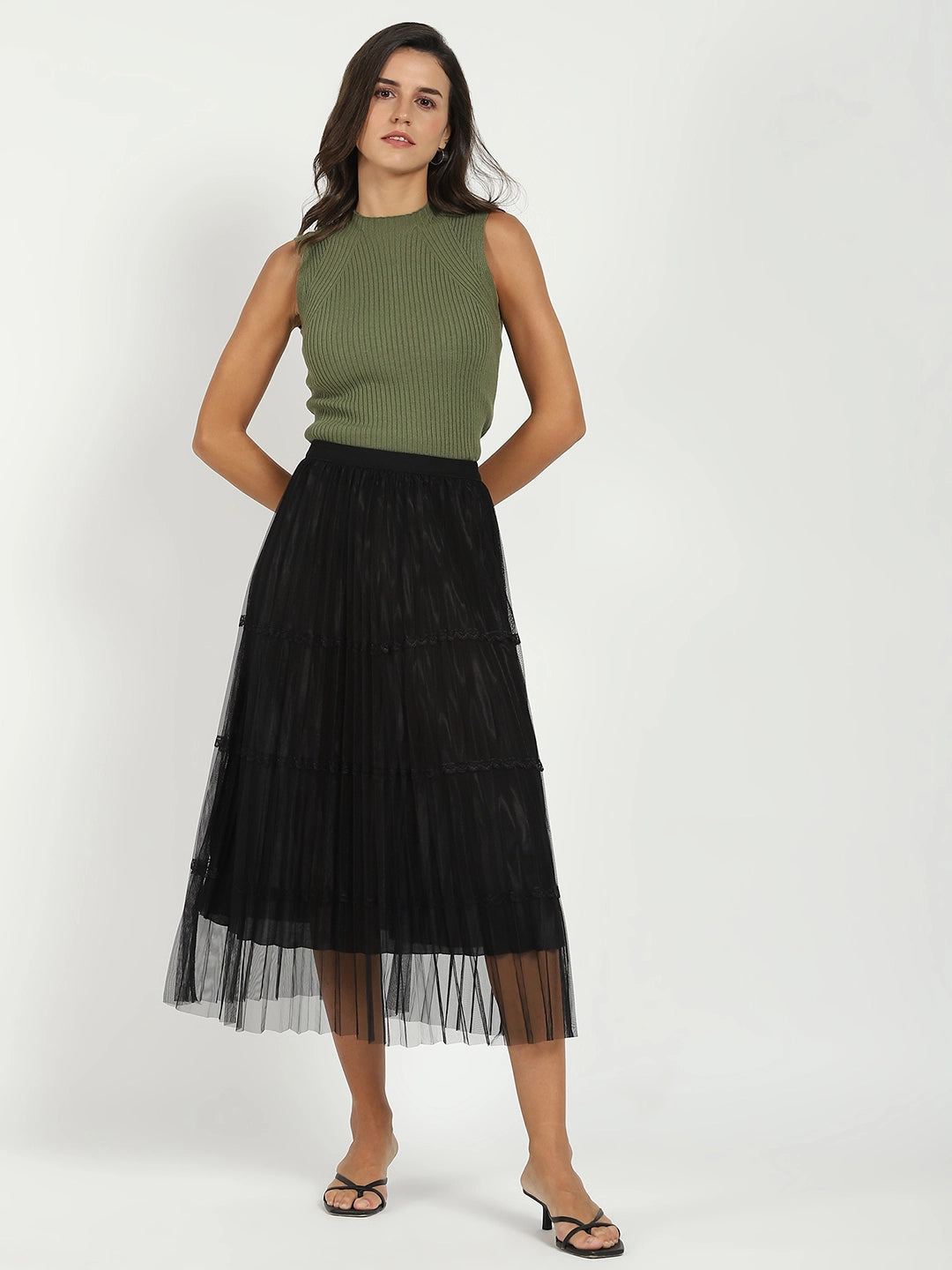 Black Pleated Net Skirt - Global Republic