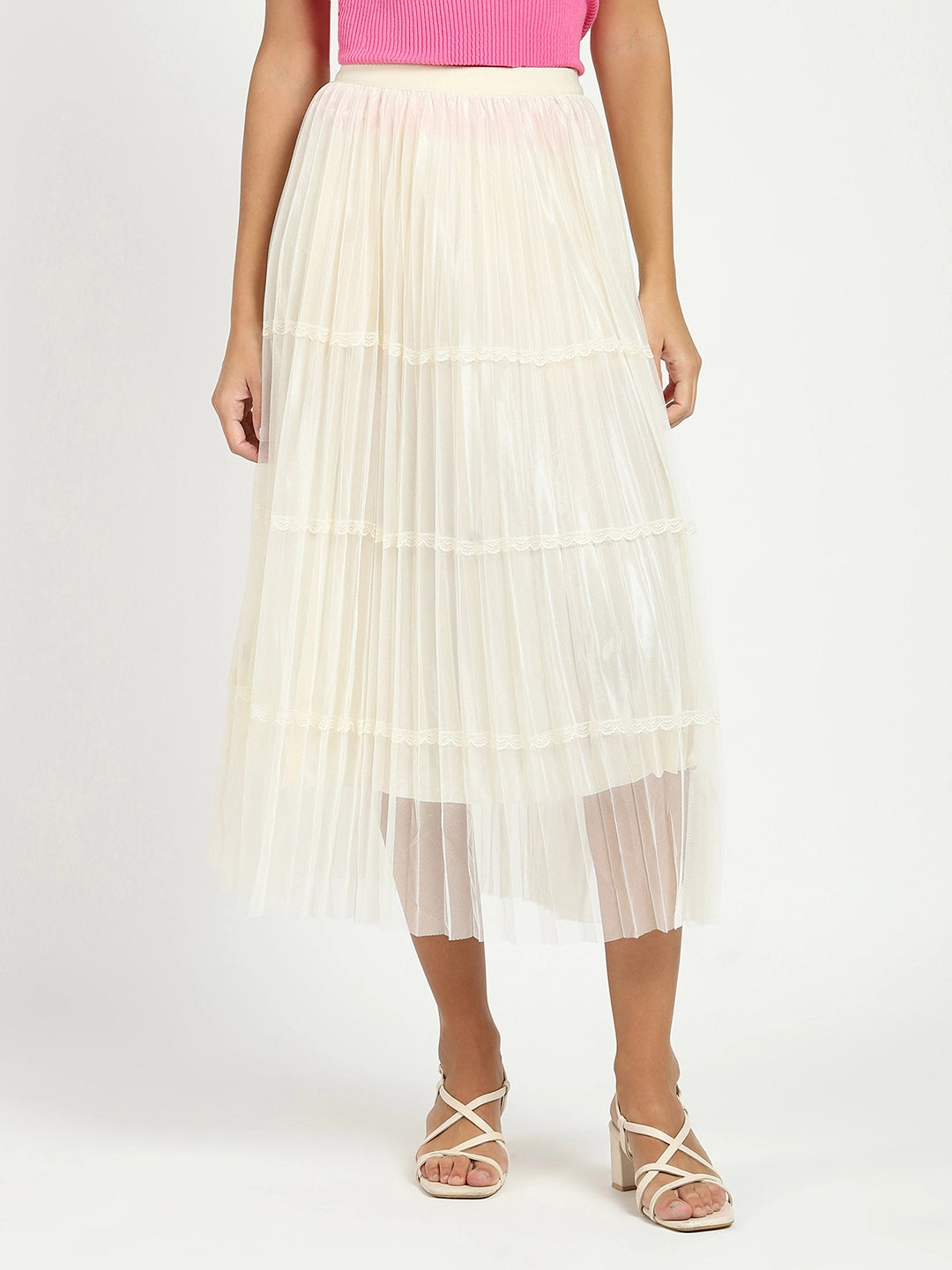 Cream Pleated Net Skirt - Global Republic