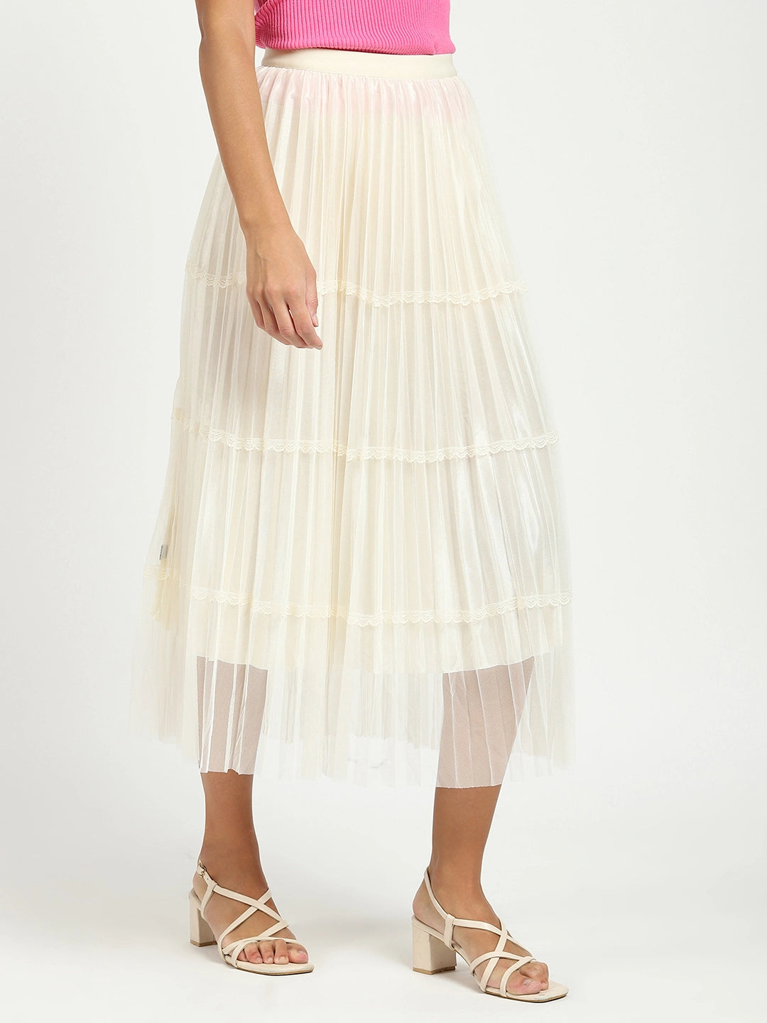 Cream Pleated Net Skirt - Global Republic