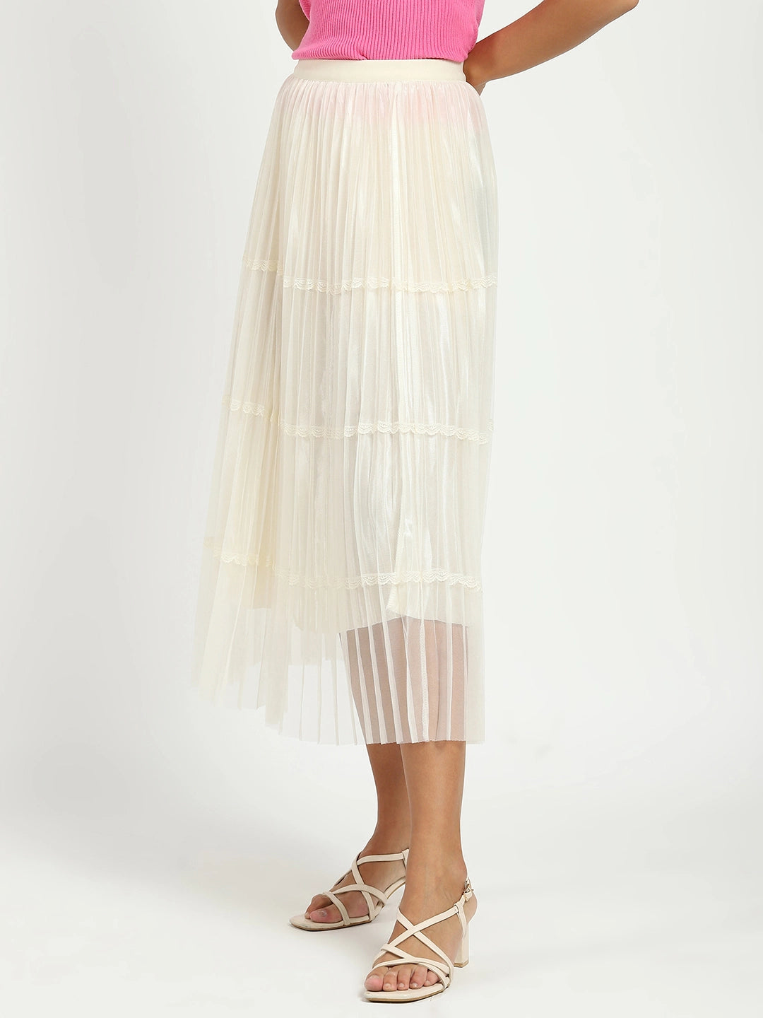 Cream Pleated Net Skirt - Global Republic