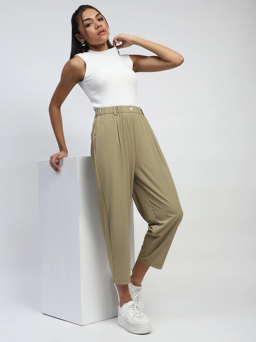 Khaki Solid Nylon Relaxed Fit Lower - Global Republic