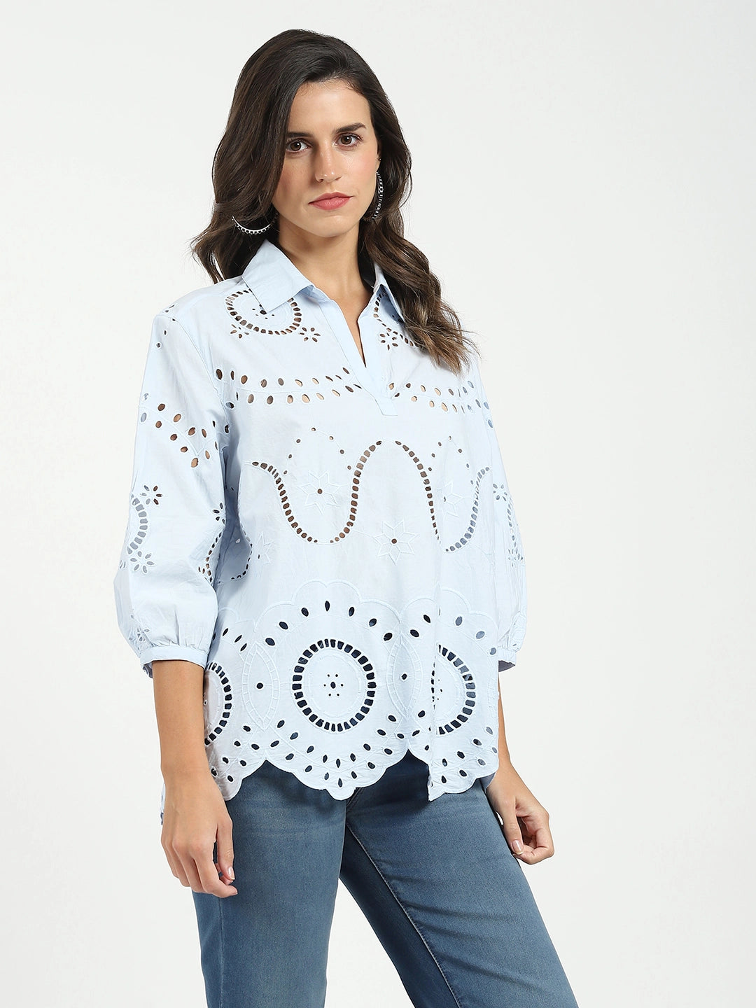 Blue Embroidered Schiffli Top - Global Republic