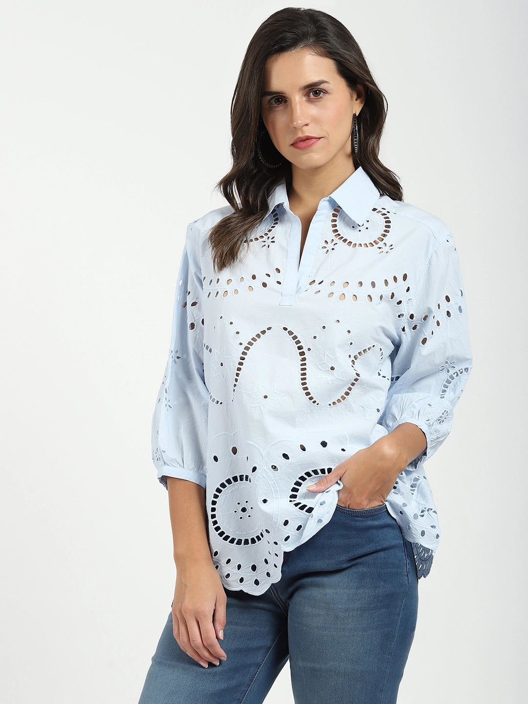 Blue Embroidered Schiffli Top - Global Republic