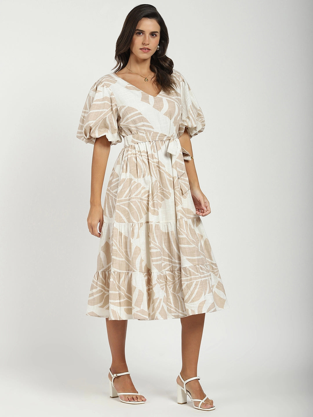 Beige Puff Sleeves Flared Dress - Global Republic