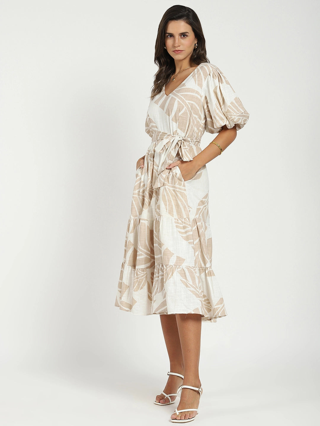 Beige Puff Sleeves Flared Dress - Global Republic