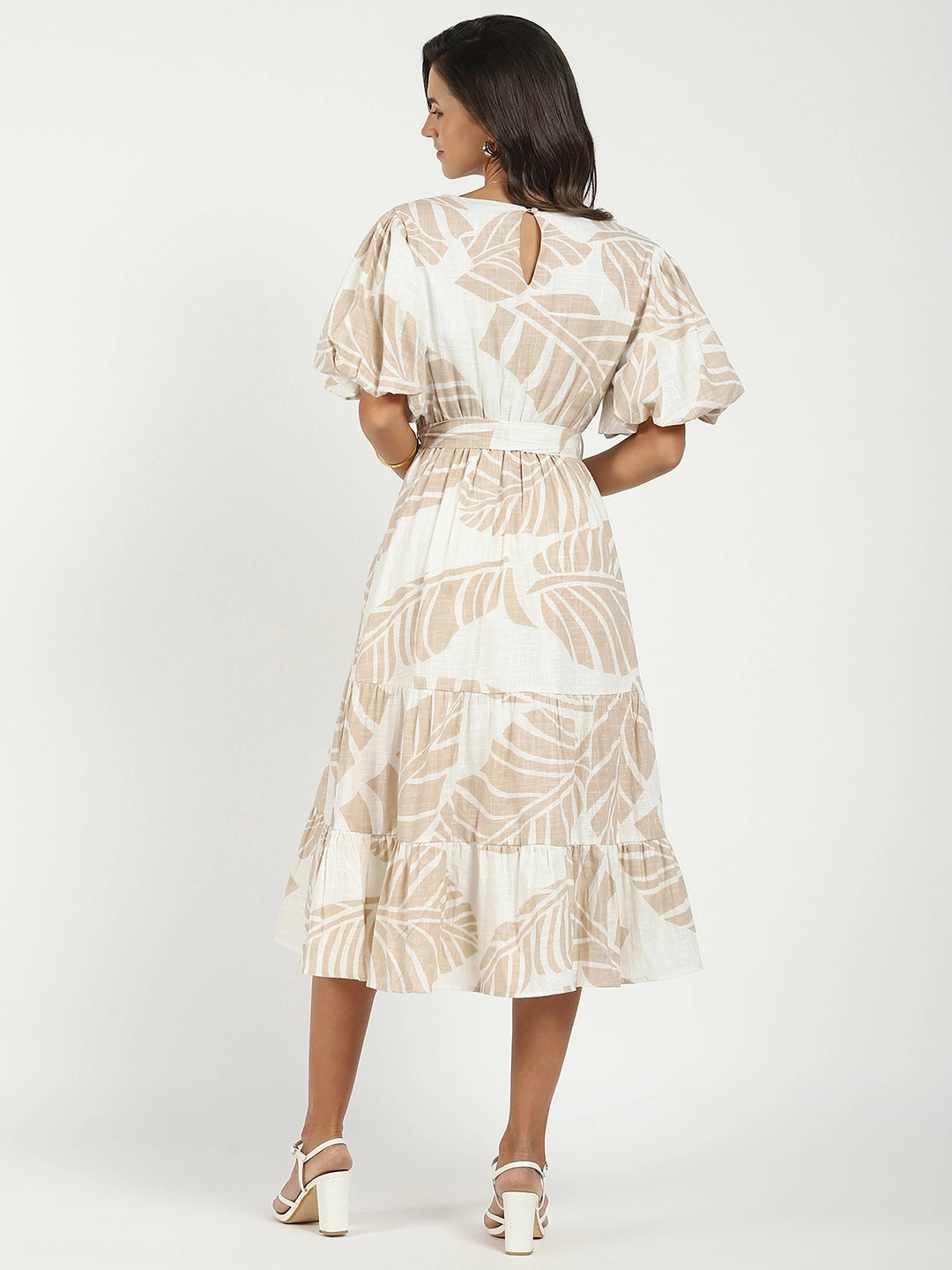 Beige Puff Sleeves Flared Dress - Global Republic