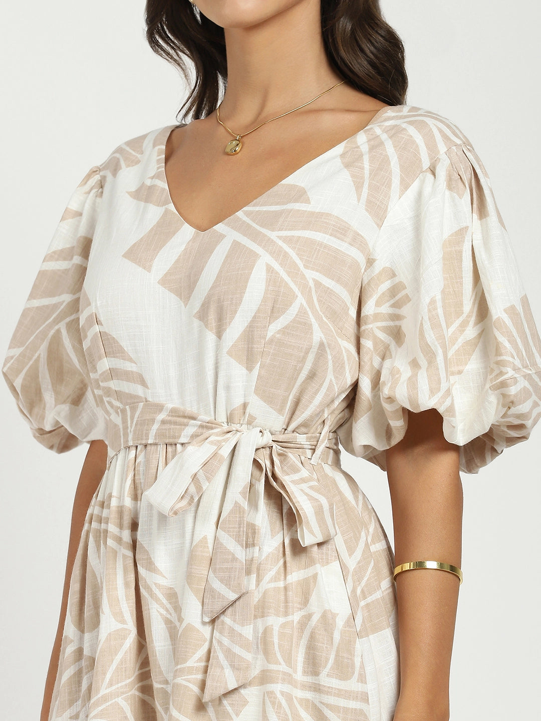 Beige Puff Sleeves Flared Dress - Global Republic