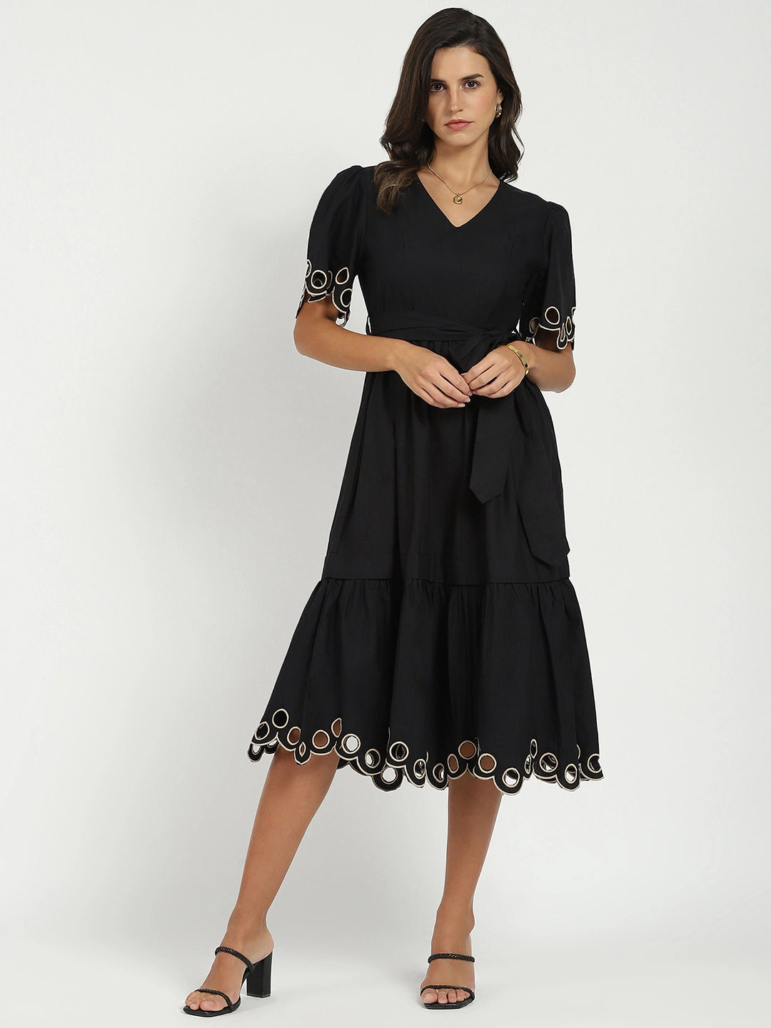 Black Cut Work Tiered Dress - Global Republic