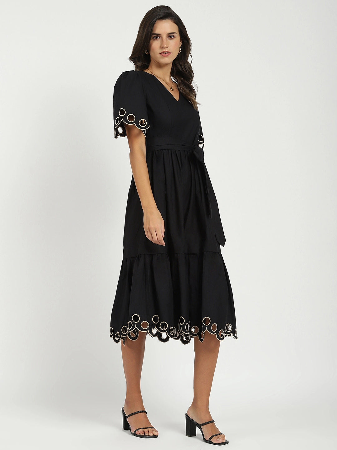 Black Cut Work Tiered Dress - Global Republic