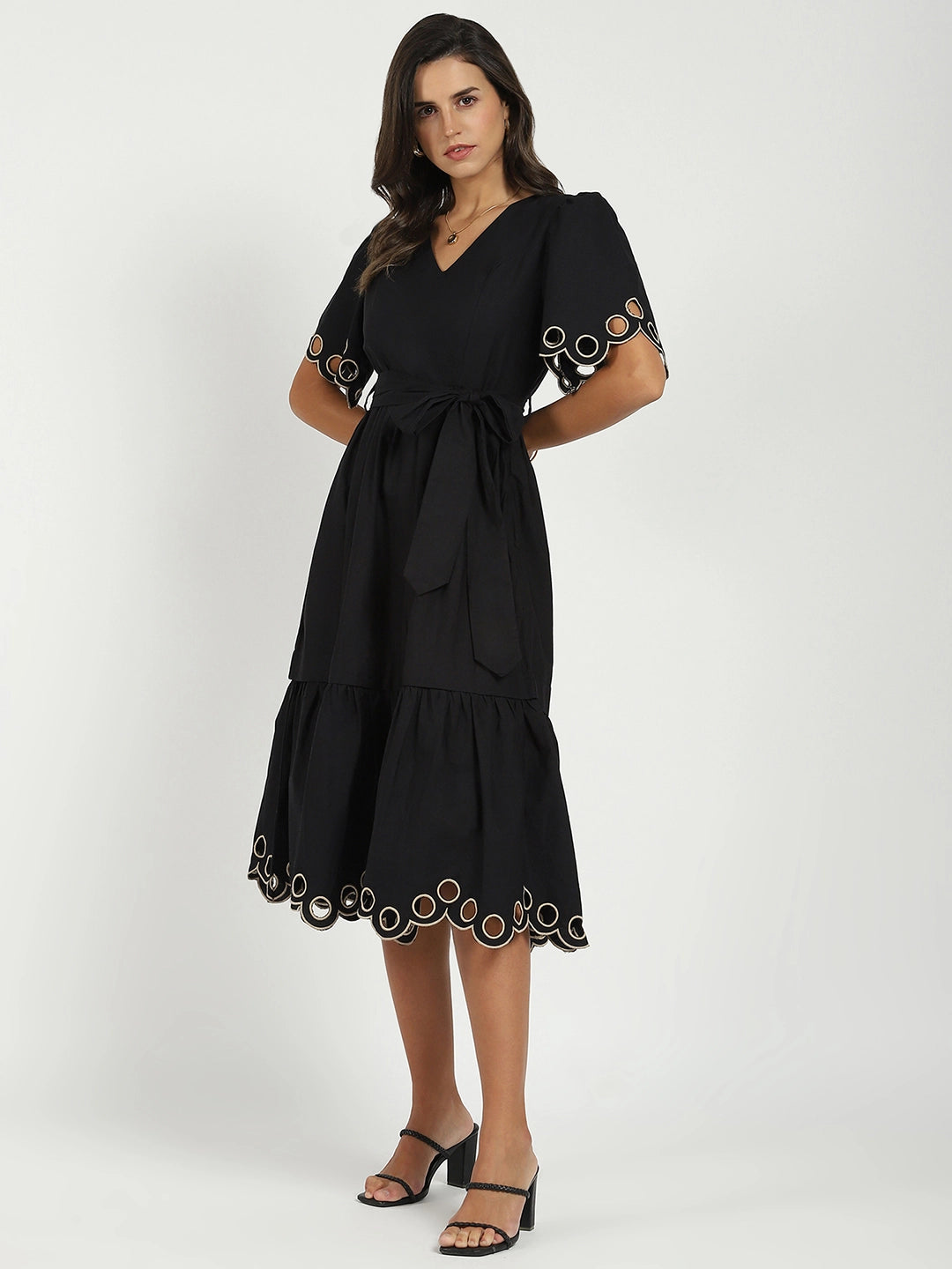 Black Cut Work Tiered Dress - Global Republic