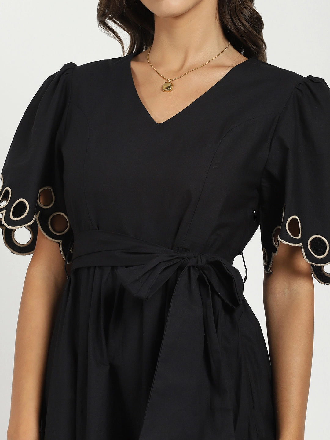 Black Cut Work Tiered Dress - Global Republic