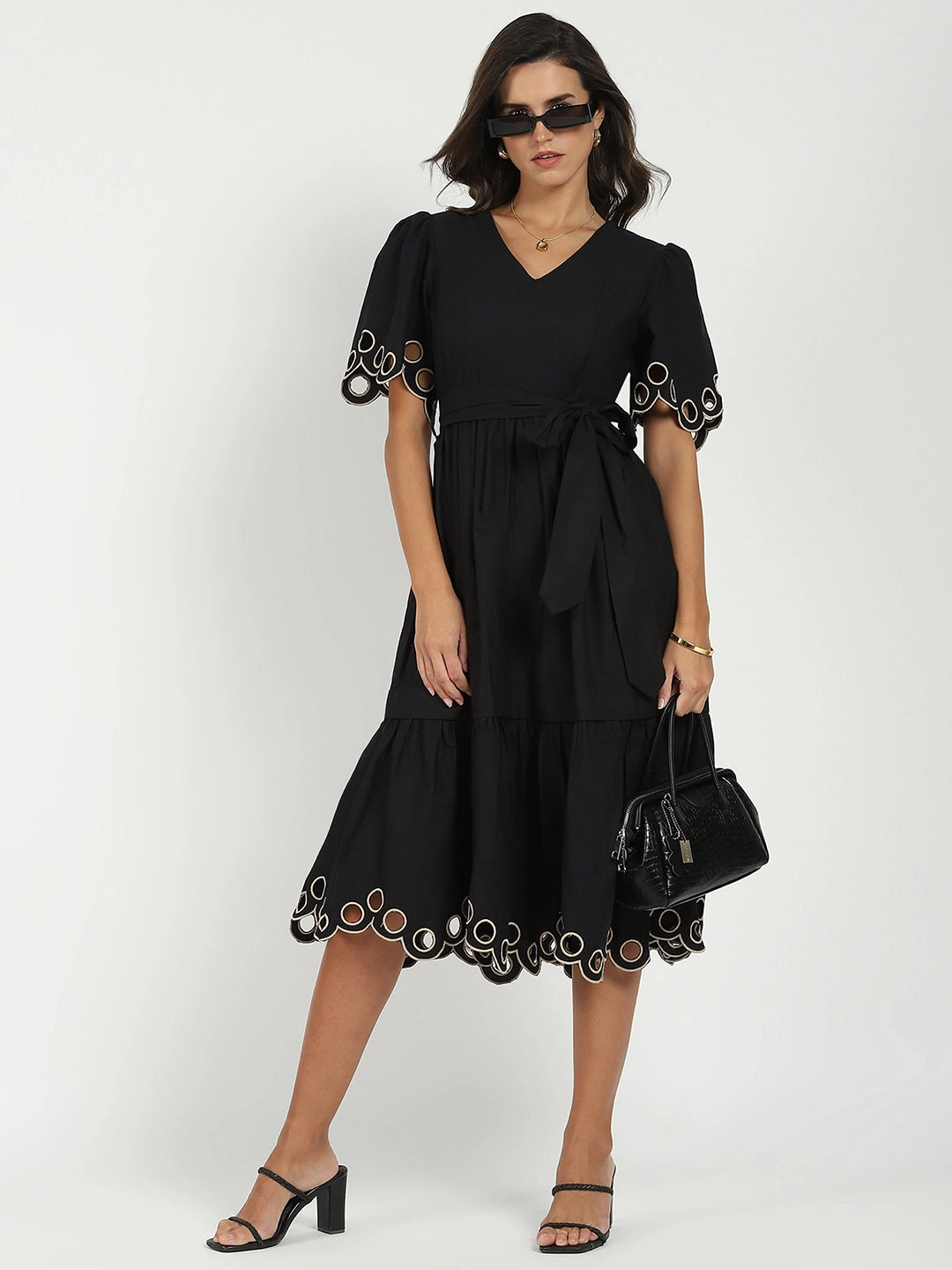 Black Cut Work Tiered Dress - Global Republic