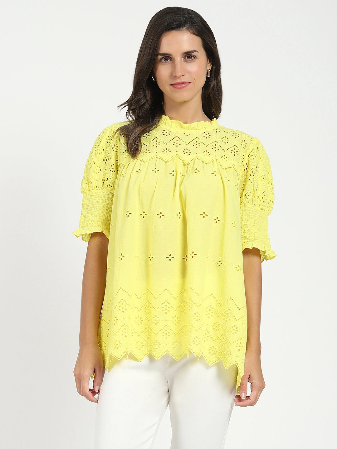 Yellow Embroidered  Schiffli Top - Global Republic