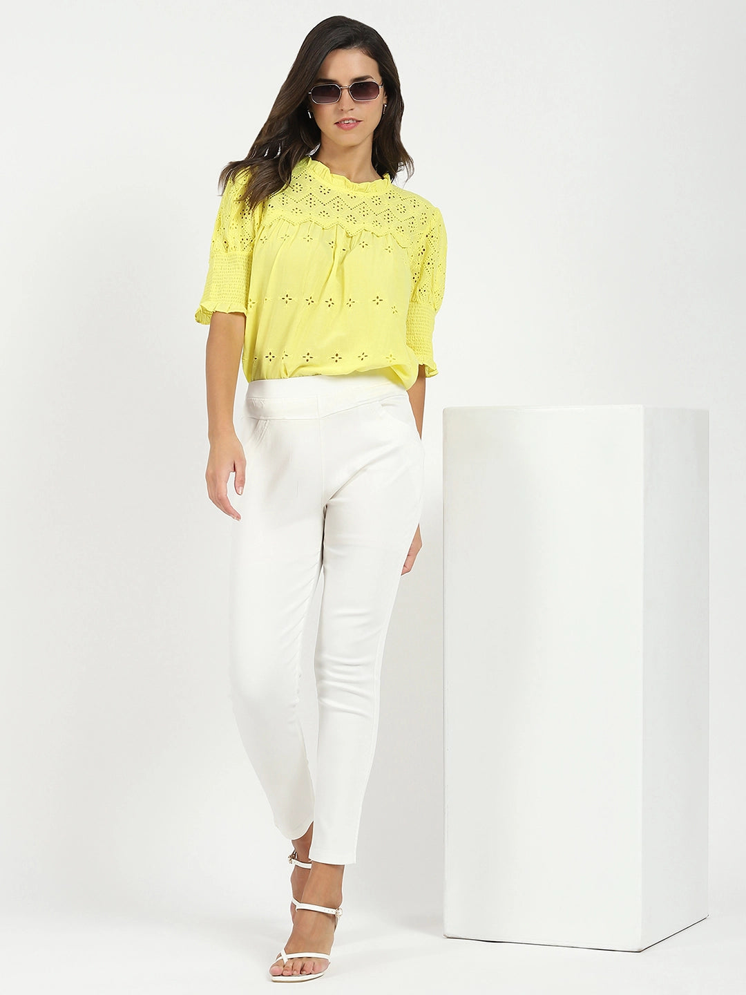 Yellow Embroidered  Schiffli Top - Global Republic