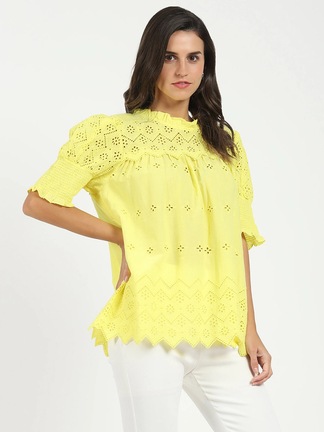 Yellow Embroidered  Schiffli Top - Global Republic