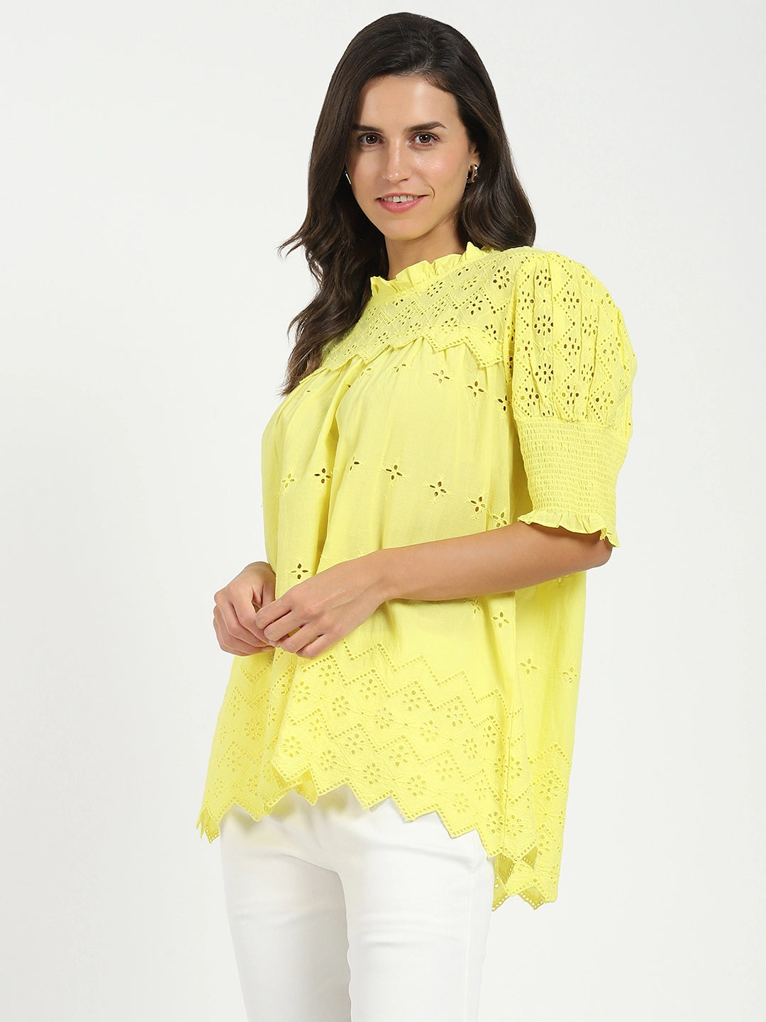 Yellow Embroidered  Schiffli Top - Global Republic