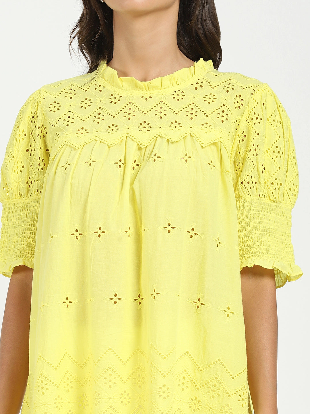 Yellow Embroidered  Schiffli Top - Global Republic