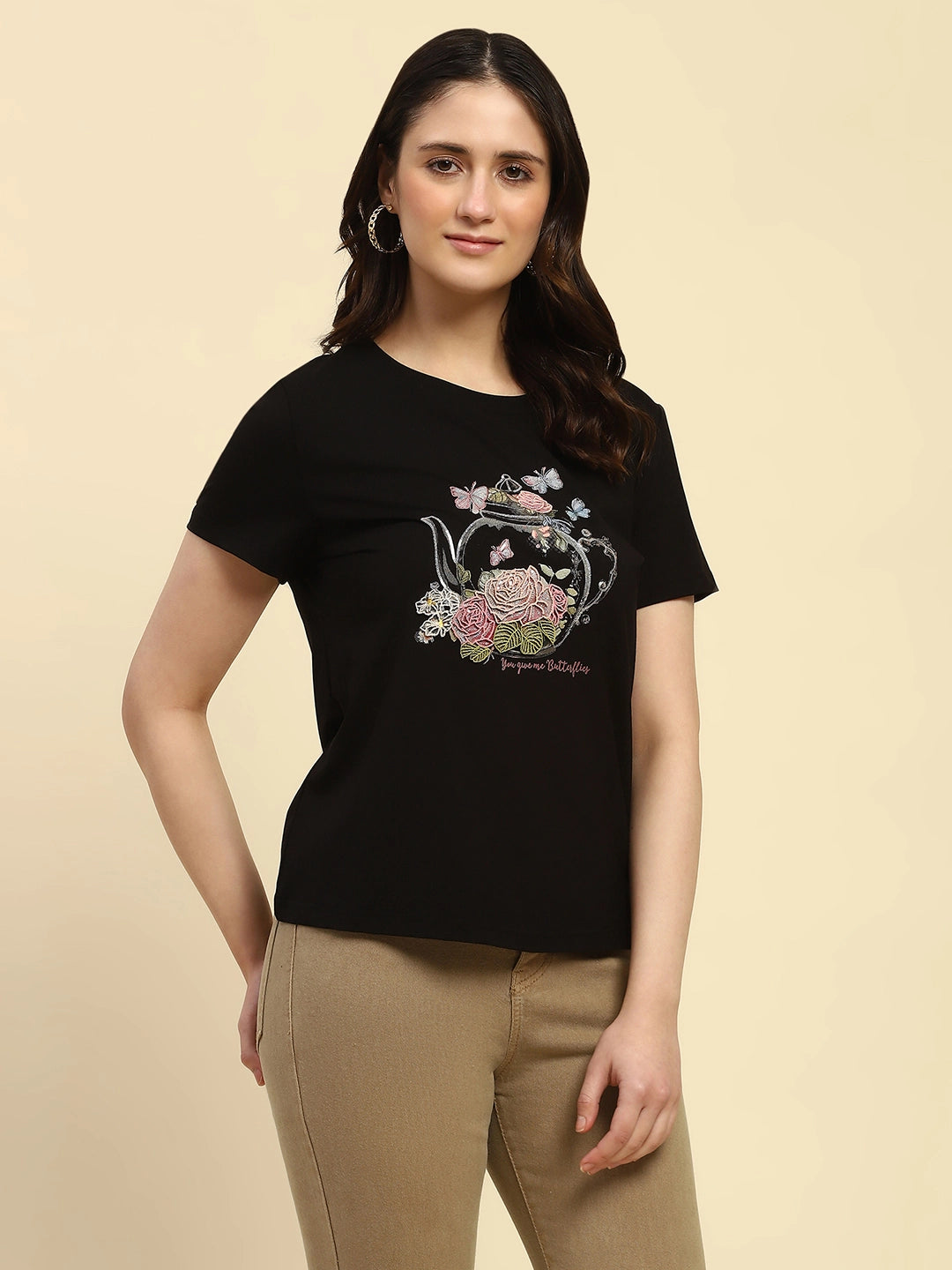Black 3D Embroidered Modal Top - Global Republic