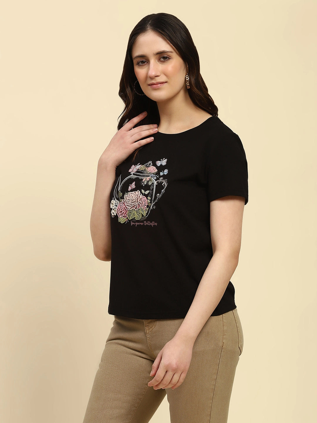 Black 3D Embroidered Modal Top - Global Republic