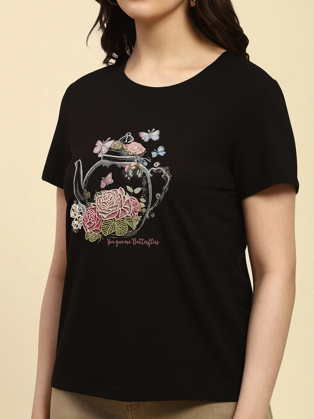 Black 3D Embroidered Modal Top - Global Republic