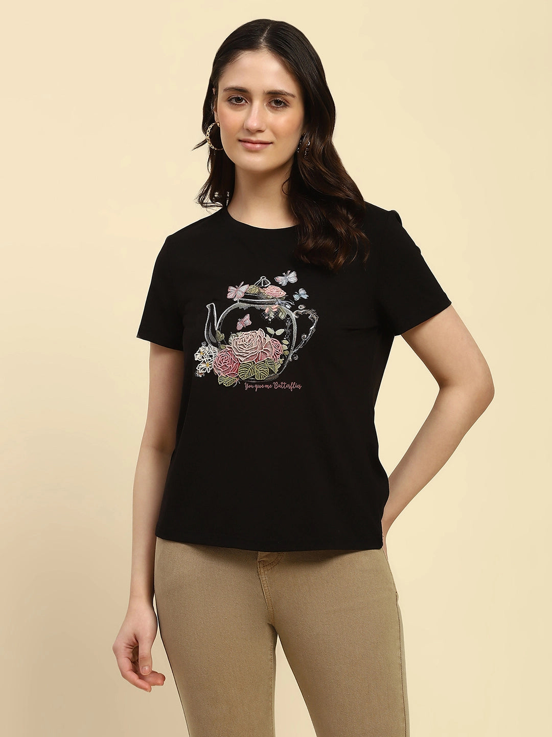 Black 3D Embroidered Modal Top - Global Republic