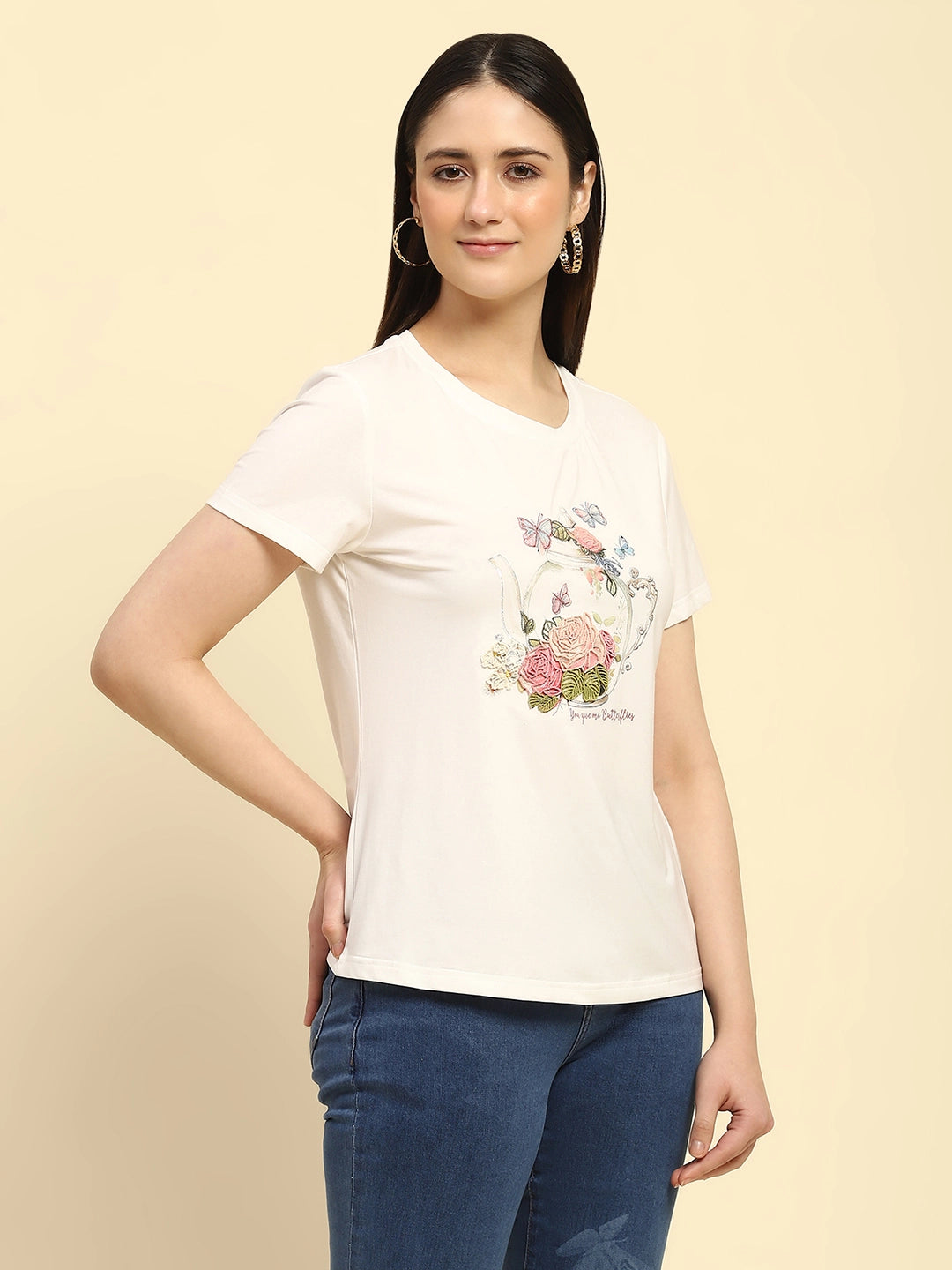 White 3D Embroidered Modal Top - Global Republic