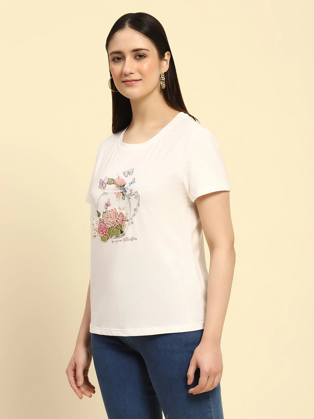 White 3D Embroidered Modal Top - Global Republic
